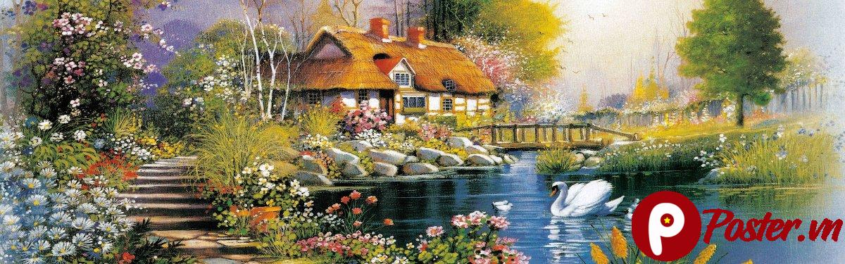 Tranh phong cảnh làng quê vector