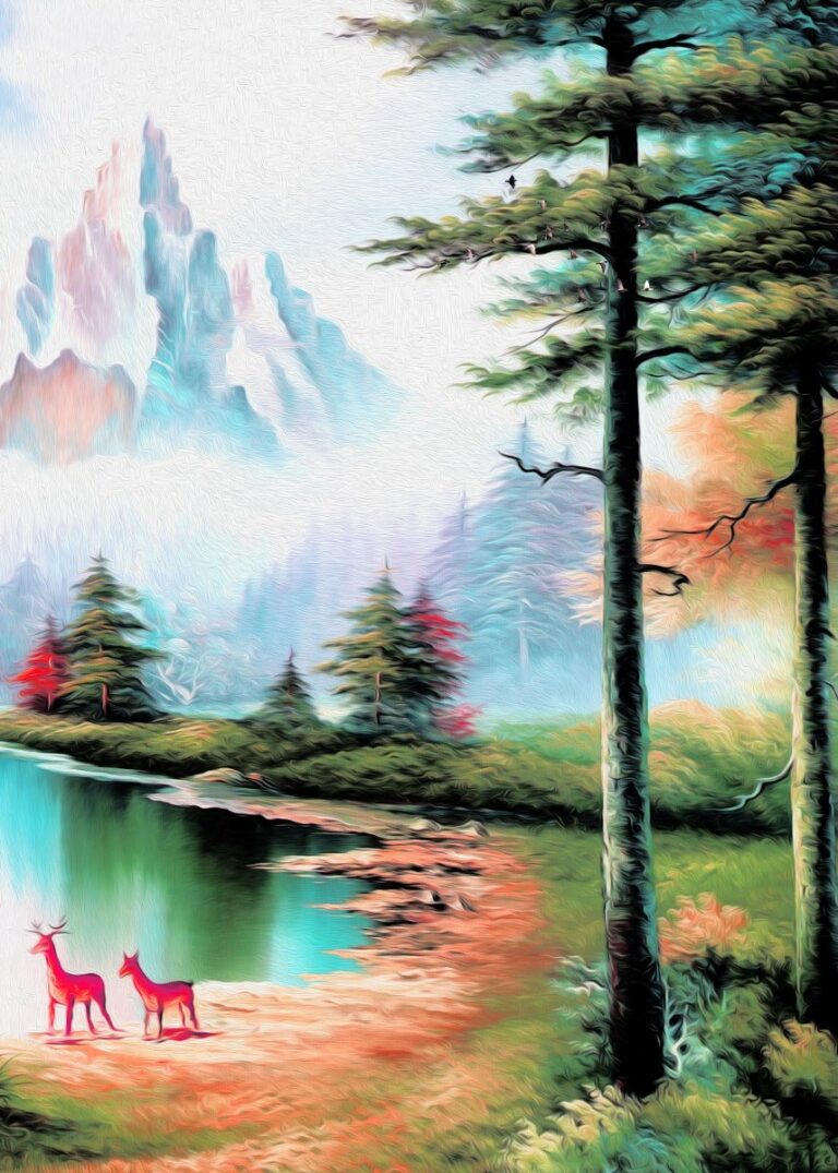 Tranh phong cảnh sơn dầu hươu rừng