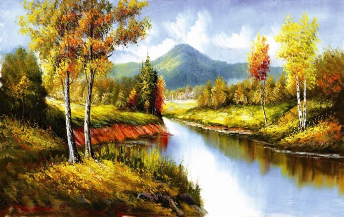 Tranh phong cảnh sơn dầu sông mùa thu