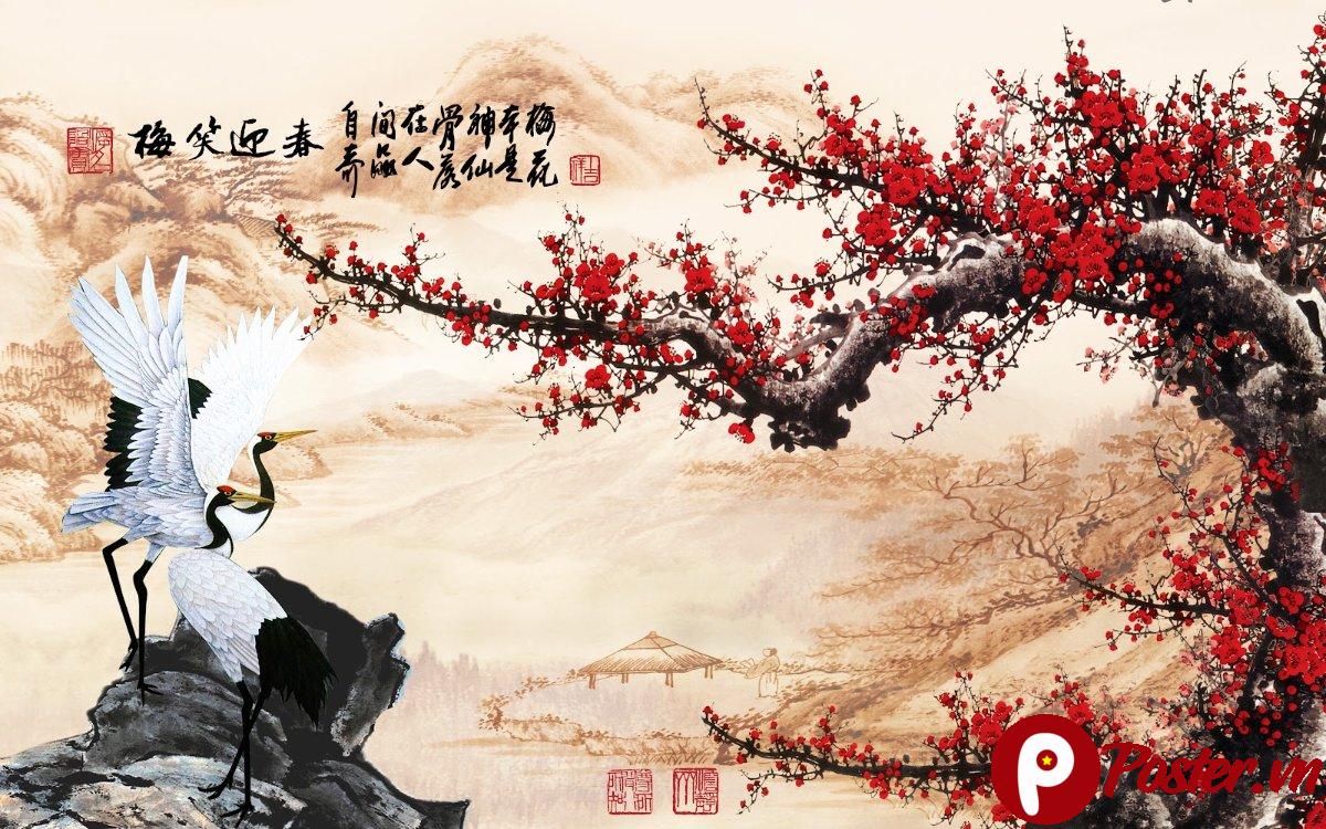 Tranh phong cảnh chim hạc hoa mai