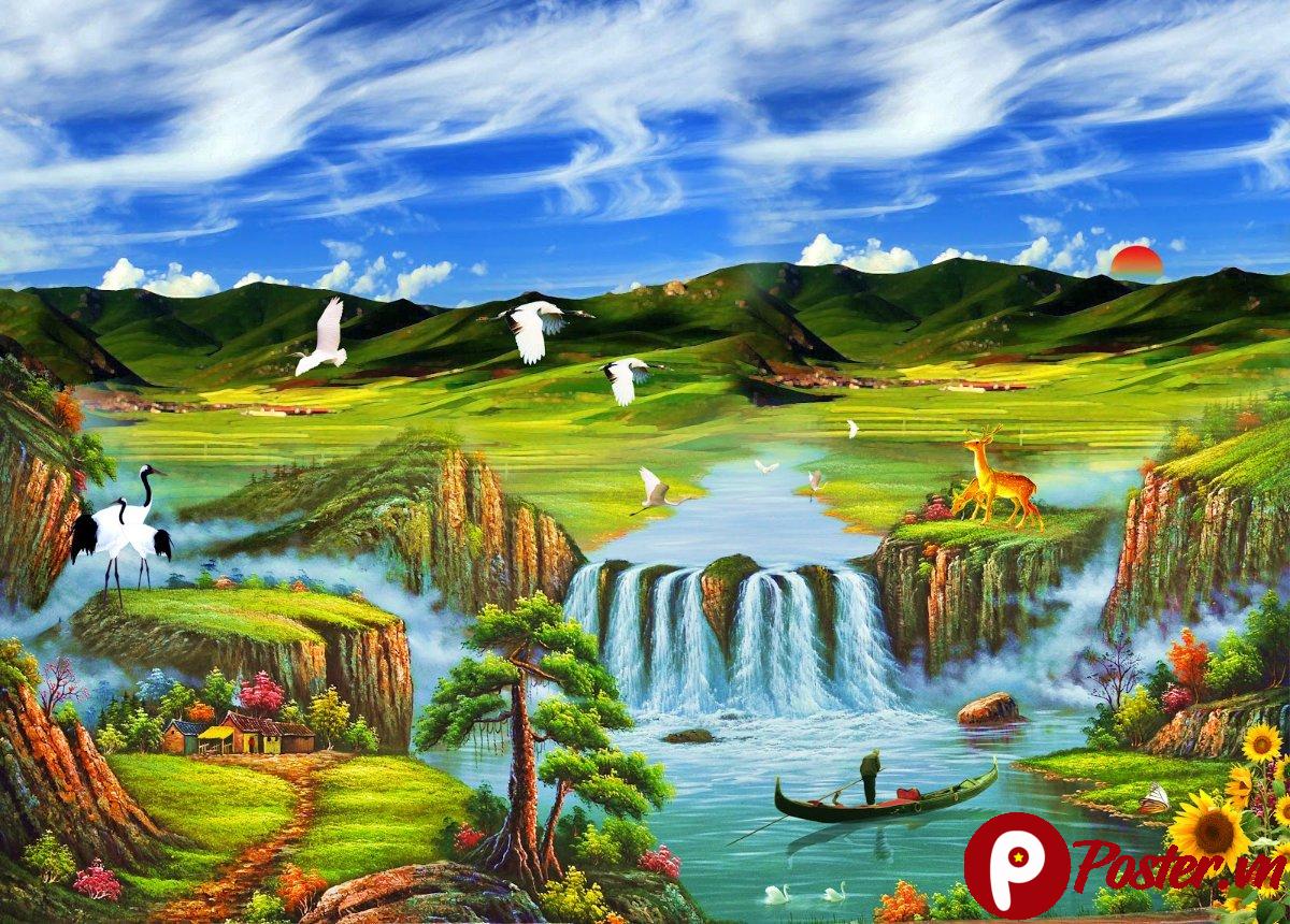Tranh phong cảnh thác nước hươu hạc