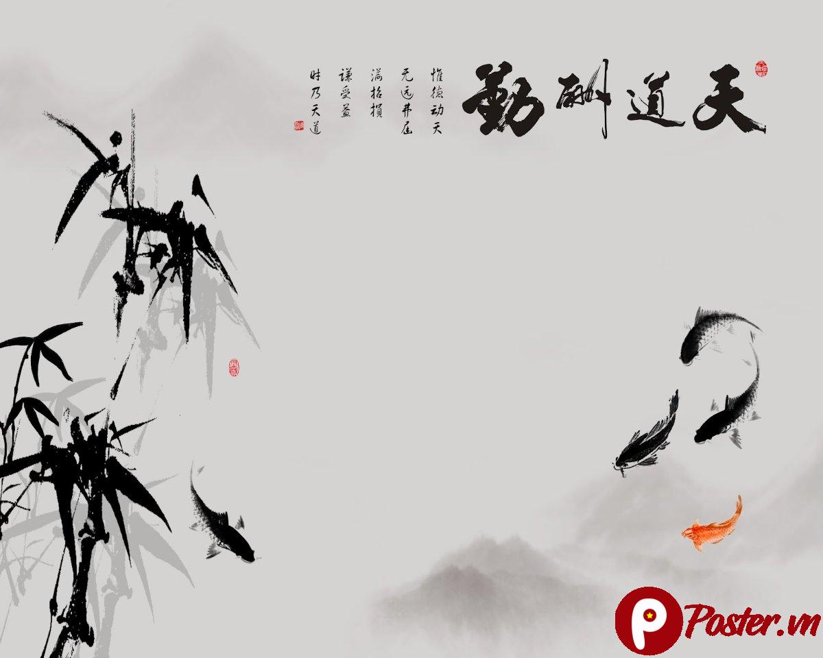 Tranh phong cảnh thủy mặc tre cá chép