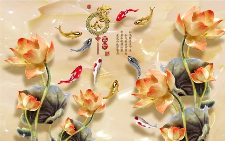 Tranh phù điêu 3D hoa sen và cá chép phong cách khảm đá sang trọng