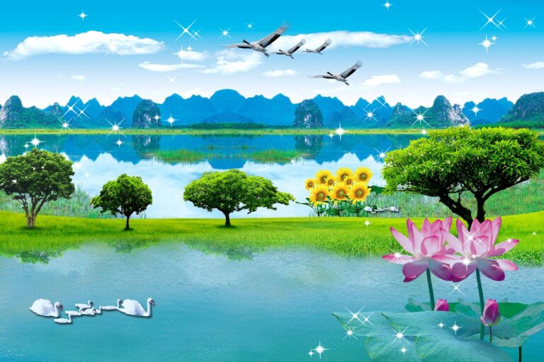 Tranh sơn thủy 3D siêu thực với núi non, hồ nước và thiên nga tuyệt đẹp