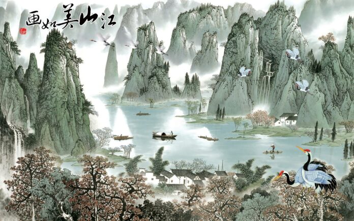 Tranh sơn thủy hữu tình phong cách thủy mặc với chim hạc và núi rừng hùng vĩ
