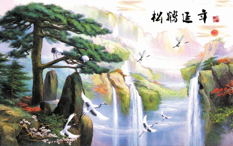 Tranh sơn thủy hữu tình cây tùng đàn hạc thác nước đẹp sắc nét