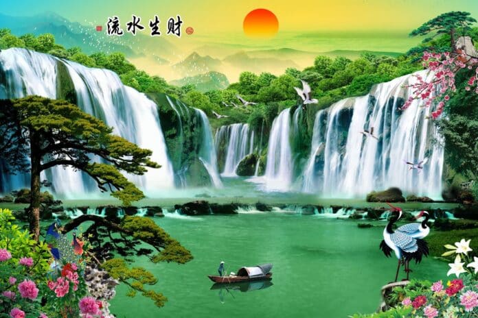 Tranh sơn thủy hữu tình đẹp với thác nước và chim hạc