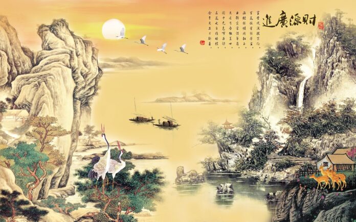 Tranh sơn thủy hữu tình tông vàng kim sang trọng phong cách thủy mặc