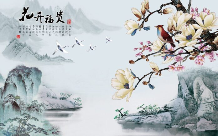 Tranh sơn thủy thủy mặc phong cách cổ điển màu pastel sắc nét