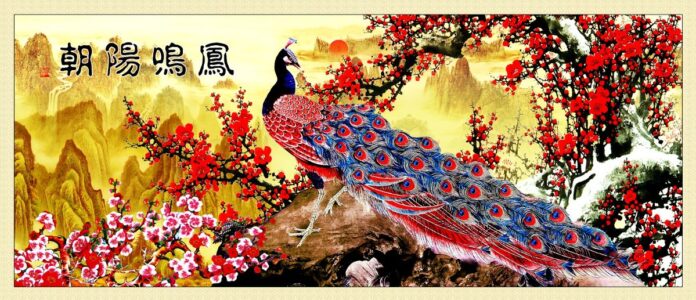 Tranh thư pháp chim công