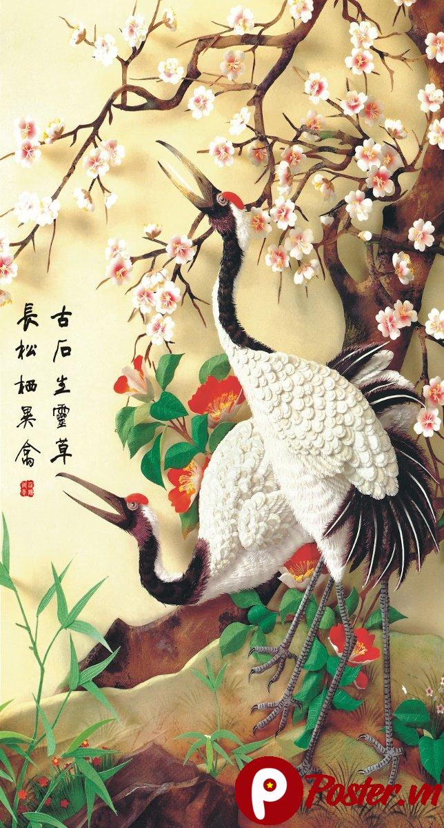 Tranh thư pháp đôi hạc hoa đào
