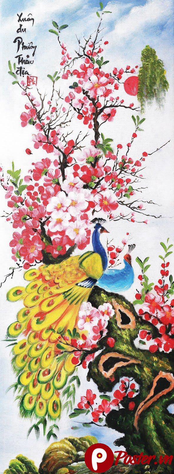 Tranh thủy mặc chim công và hoa đào rực rỡ phong cách Á Đông