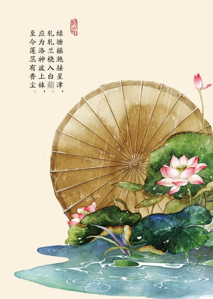 Tranh thủy mặc hoa sen và ô