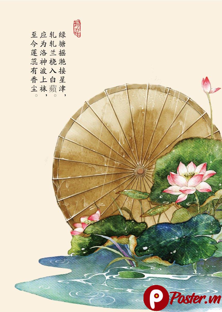 Tranh thủy mặc hoa sen và ô