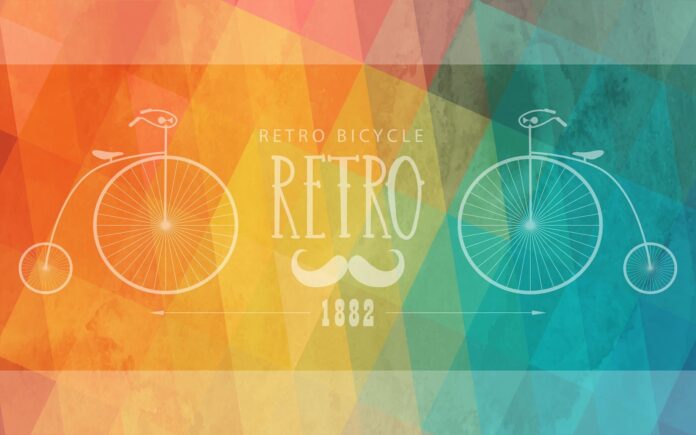Mẫu tranh trang trí retro 1882 với xe đạp cổ và nền đa giác