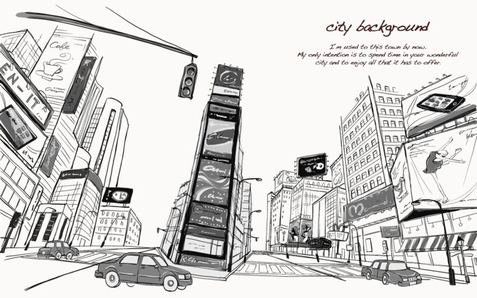 Tranh trang trí thành phố phong cách sketch phác thảo đơn sắc trắng đen cực đẹp