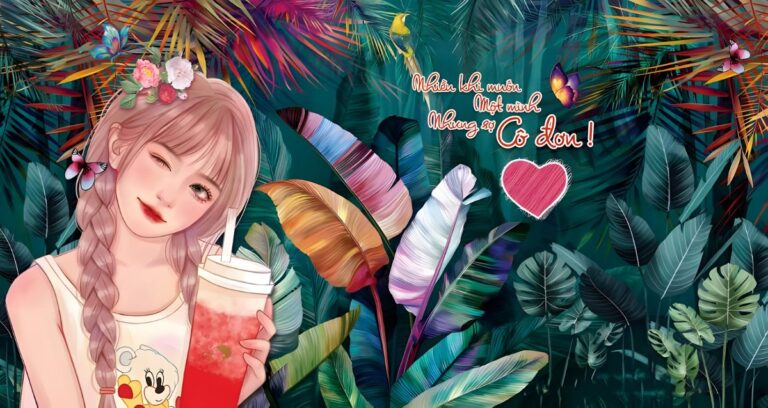 Tranh tường nền lá nhiệt đới cô gái