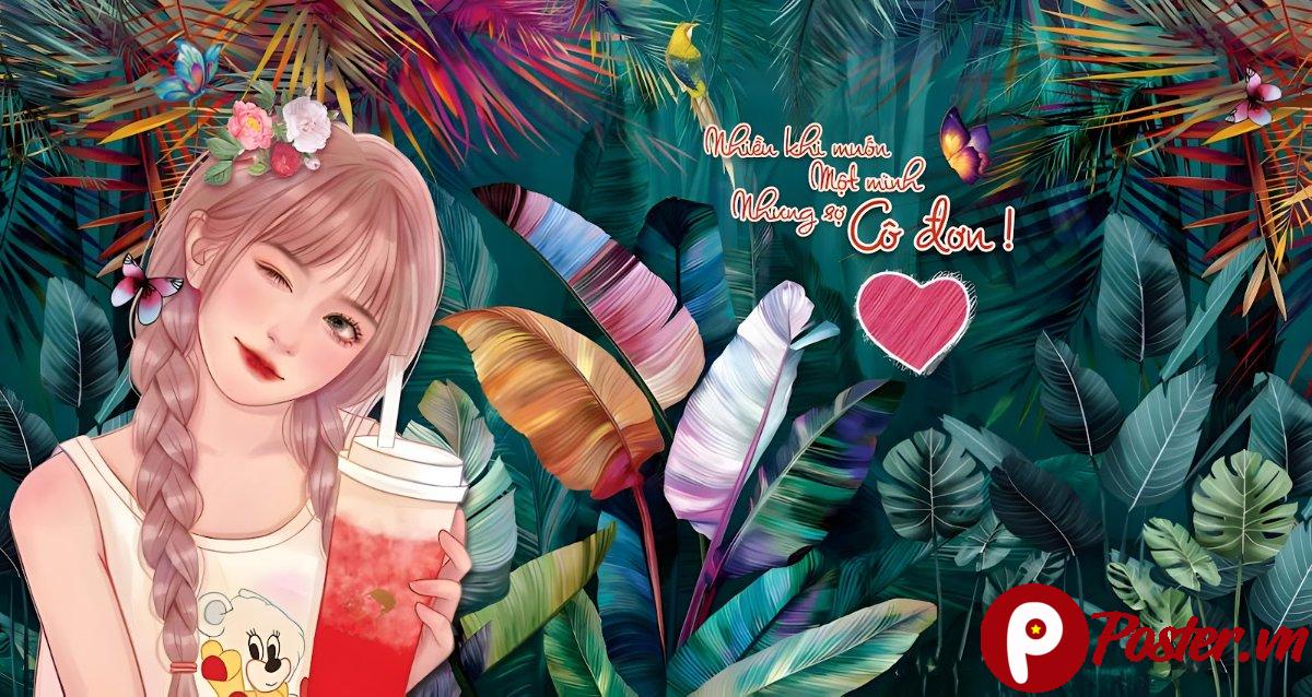 Tranh tường nền lá nhiệt đới cô gái