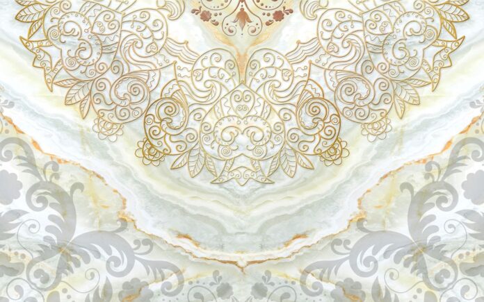 Mẫu tranh vân đá marble kết hợp hoa văn cổ điển màu vàng kim sang trọng