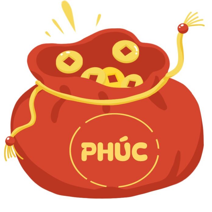 Túi tài lộc chữ Phúc màu đỏ vàng tràn đồng tiền vàng minh họa phẳng PNG