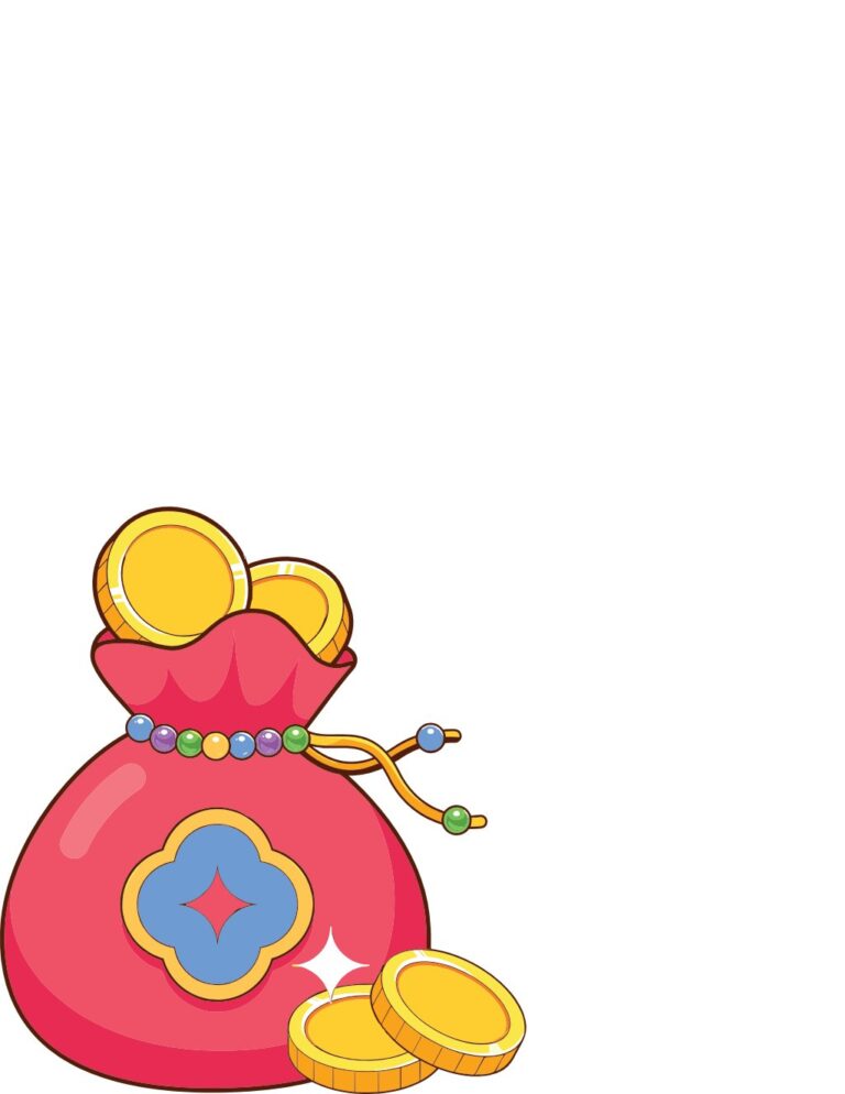 Vector túi tài lộc màu đỏ phình to với đồng xu vàng óng và dây thắt hạt cườm đa sắc, mang ý nghĩa may mắn, thịnh vượng cho thiết kế Tết và phong thủy.
