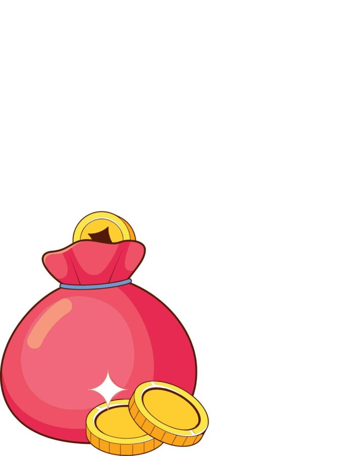 Túi tiền may mắn màu đỏ hồng rực rỡ với tiền xu vàng, thiết kế vector phong cách hoạt hình, biểu tượng tài lộc thịnh vượng và sung túc.