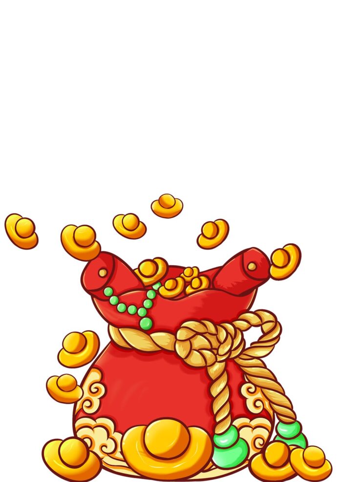 Hình ảnh túi tiền tài lộc màu đỏ đầy ắp thỏi vàng, phong cách hoạt hình, nền trong suốt