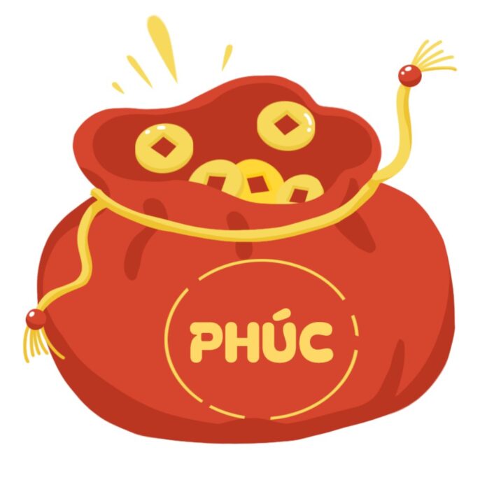 Túi vàng tài lộc chữ Phúc PSD với đồng xu may mắn, thiết kế hoạt hình cho Tết Nguyên Đán