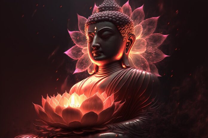 Tượng Phật sen đỏ rực rỡ