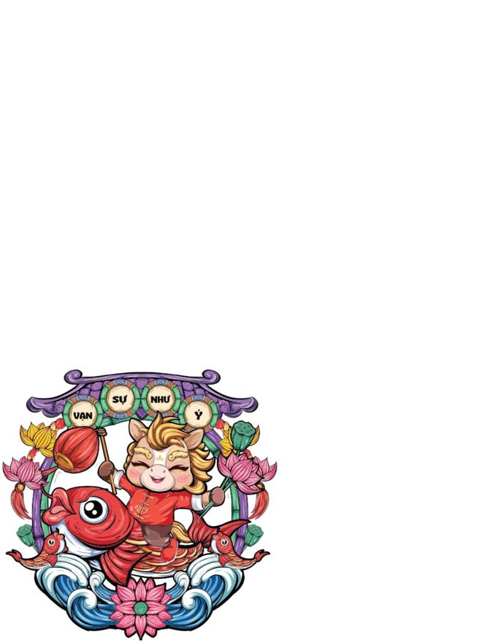 Thiết kế vector Vạn Sự Như Ý phong cách chibi với ngựa cưỡi cá chép đỏ, hoa sen và mái vòm truyền thống Á Đông, màu sắc tươi sáng