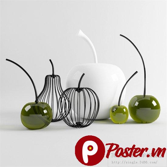 Bộ sưu tập vật thể 3D tối giản hiện đại với quả táo trắng, cherry xanh và khung dây đen trên nền xám.