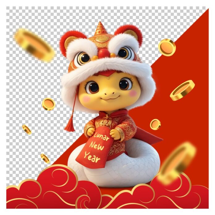 Hình ảnh vector 3D chibi bé trai/gái đáng yêu cưỡi linh vật trắng, đội mũ lân đỏ, bao quanh bởi tiền vàng và mây đỏ, nền trong suốt, chữ Lunar New Year trên túi.