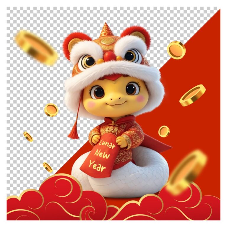 Hình ảnh vector 3D chibi bé trai/gái đáng yêu cưỡi linh vật trắng, đội mũ lân đỏ, bao quanh bởi tiền vàng và mây đỏ, nền trong suốt, chữ Lunar New Year trên túi.