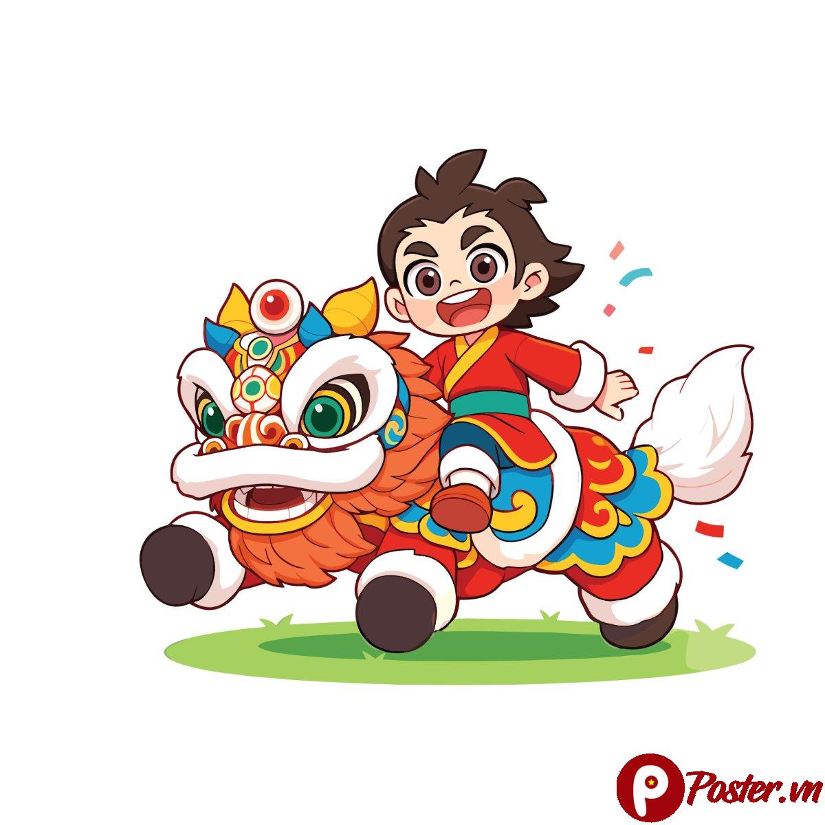 Vector bé cưỡi lân Tết