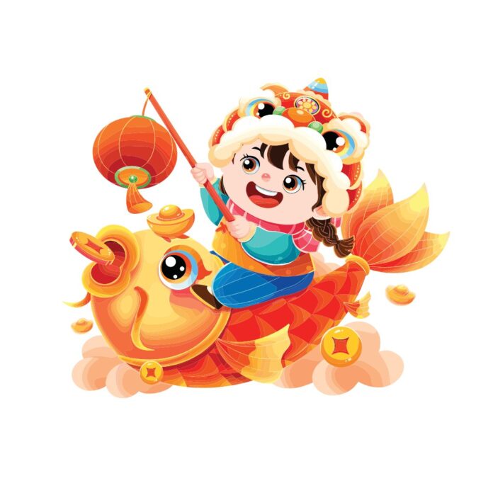 Vector bé gái cưỡi cá chép Tết