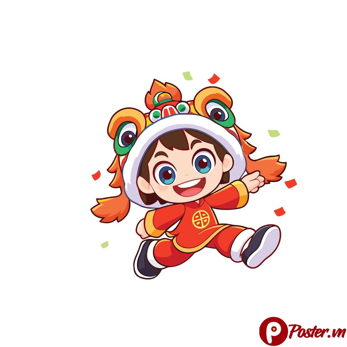 Vector bé múa lân Tết