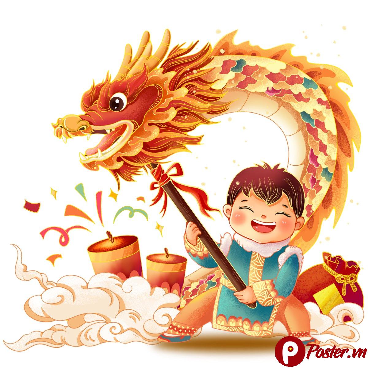 Vector bé trai chơi lân Tết