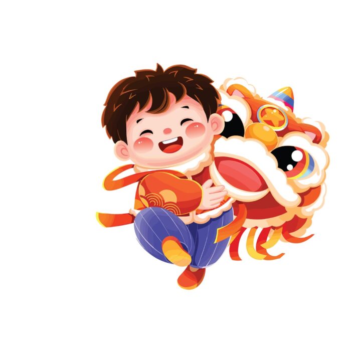 Vector bé trai múa lân Tết