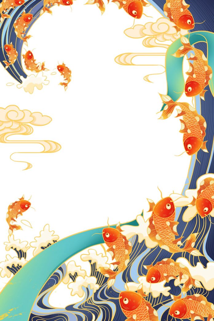 Vector cá chép vượt vũ môn phong cách Á Đông, sóng nước, mây cuộn, viền vàng kim, nền trắng trung tâm, biểu tượng may mắn thịnh vượng.