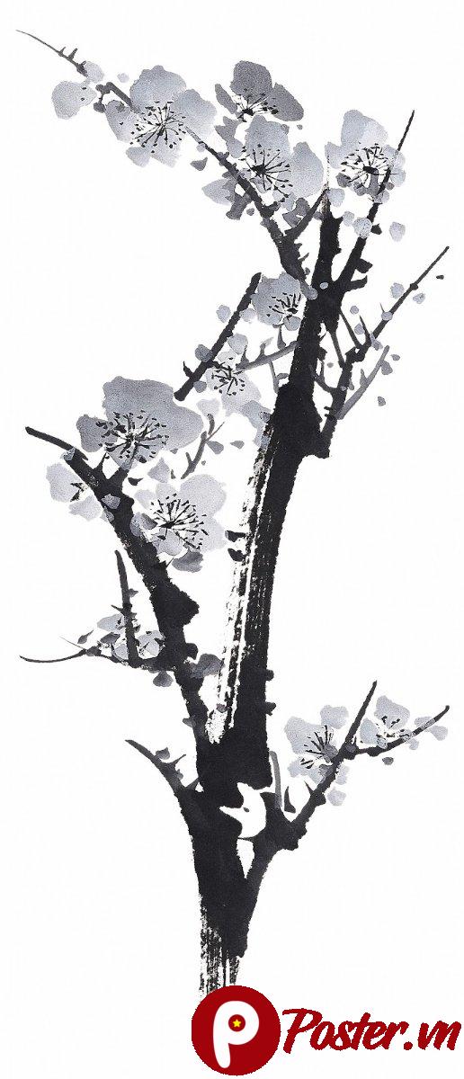 Cành mai đen trắng thủy mặc