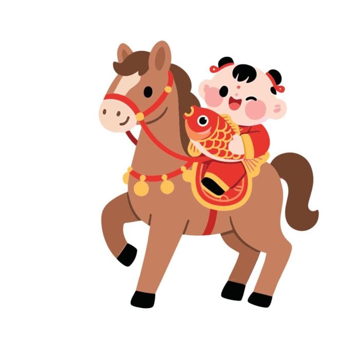 Vector cậu bé mũm mĩm cưỡi ngựa nâu ôm cá chép đỏ mang ý nghĩa may mắn, thịnh vượng cho dịp Tết Nguyên Đán, phong cách hoạt hình phẳng, chi tiết văn hóa Á Đông.