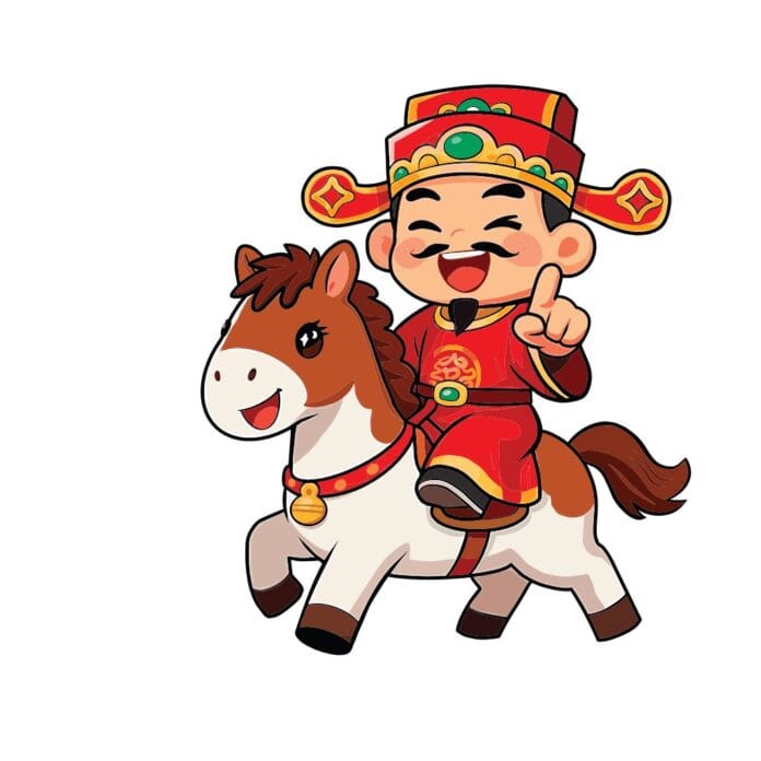 Minh họa vector chibi nhân vật nam cưỡi ngựa cười vui vẻ, trang phục truyền thống đỏ vàng, mang phong cách hoạt hình may mắn và thịnh vượng.