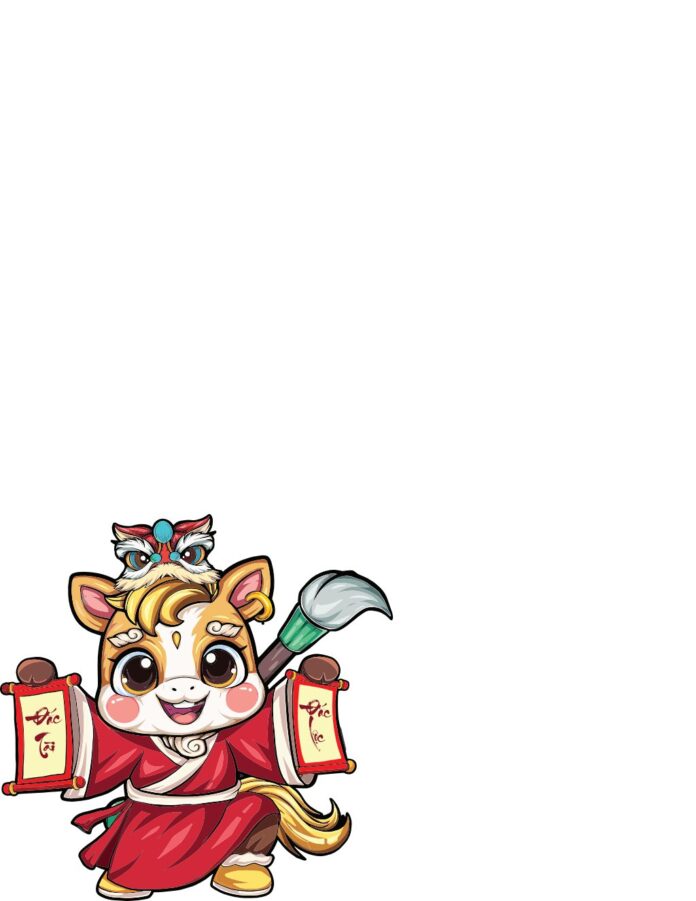 Hình ảnh vector Chibi Kỳ Lân đáng yêu cầm cuộn thư pháp Phúc Lộc, trang phục đỏ, mũ sư tử múa, phù hợp thiết kế Tết.