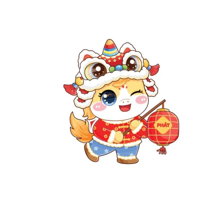 Linh vật lân chibi may mắn đội mũ múa lân, cầm đèn lồng chữ PHÁT, hình ảnh vector cho Tết Nguyên Đán
