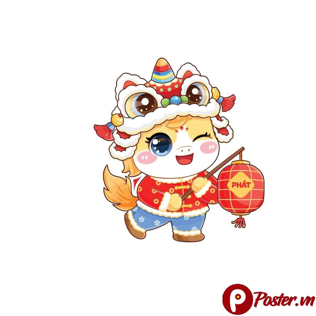 Linh vật lân chibi may mắn đội mũ múa lân, cầm đèn lồng chữ PHÁT, hình ảnh vector cho Tết Nguyên Đán