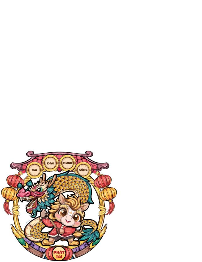 Vector Mã Đáo Thành Công Chibi rồng vàng và ngựa con đáng yêu, kèm chữ Phát Tài, trong khung tròn trang trí Tết truyền thống.