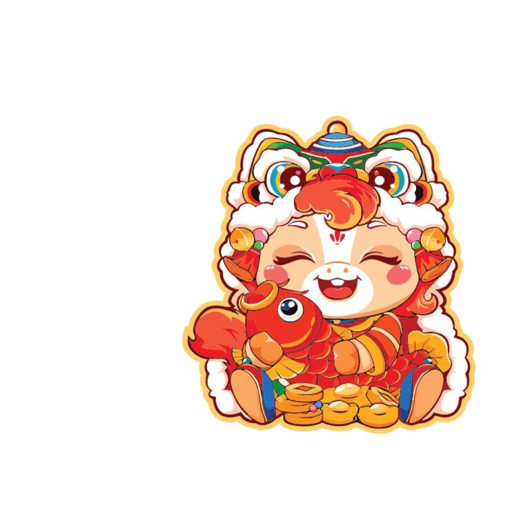 Vector nhân vật chibi múa lân đáng yêu ôm cá chép vàng và tiền, tượng trưng cho may mắn, tài lộc trong dịp Tết Nguyên Đán.