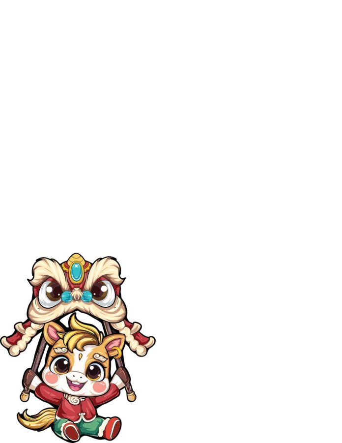 Hình ảnh vector chibi nhân vật đáng yêu mặc đồ truyền thống đỏ, cầm đầu lân múa màu vàng kem với ngọc xanh, trên nền trắng, phong cách hoạt hình.