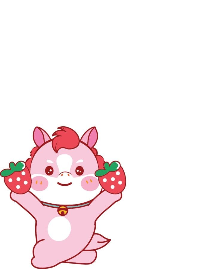 Vector chú ngựa hồng chibi đáng yêu cầm dâu tây, phong cách hoạt hình ngộ nghĩnh