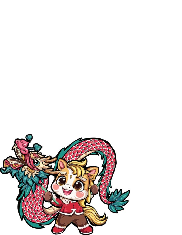 Vector hoạt hình chibi đáng yêu hình ngựa con mặc áo truyền thống và rồng uốn lượn trên nền trắng, phong cách lễ hội Tết